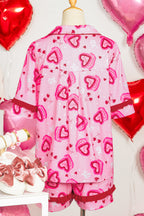 Pink Sweet Heart Cake Print Contrast Ruffle Trim Valentines 2pcs Pyjama Set