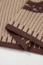 Light French Beige Ribbed Knit Contrast Trim Round Neck Horseshoe Sweater Vest