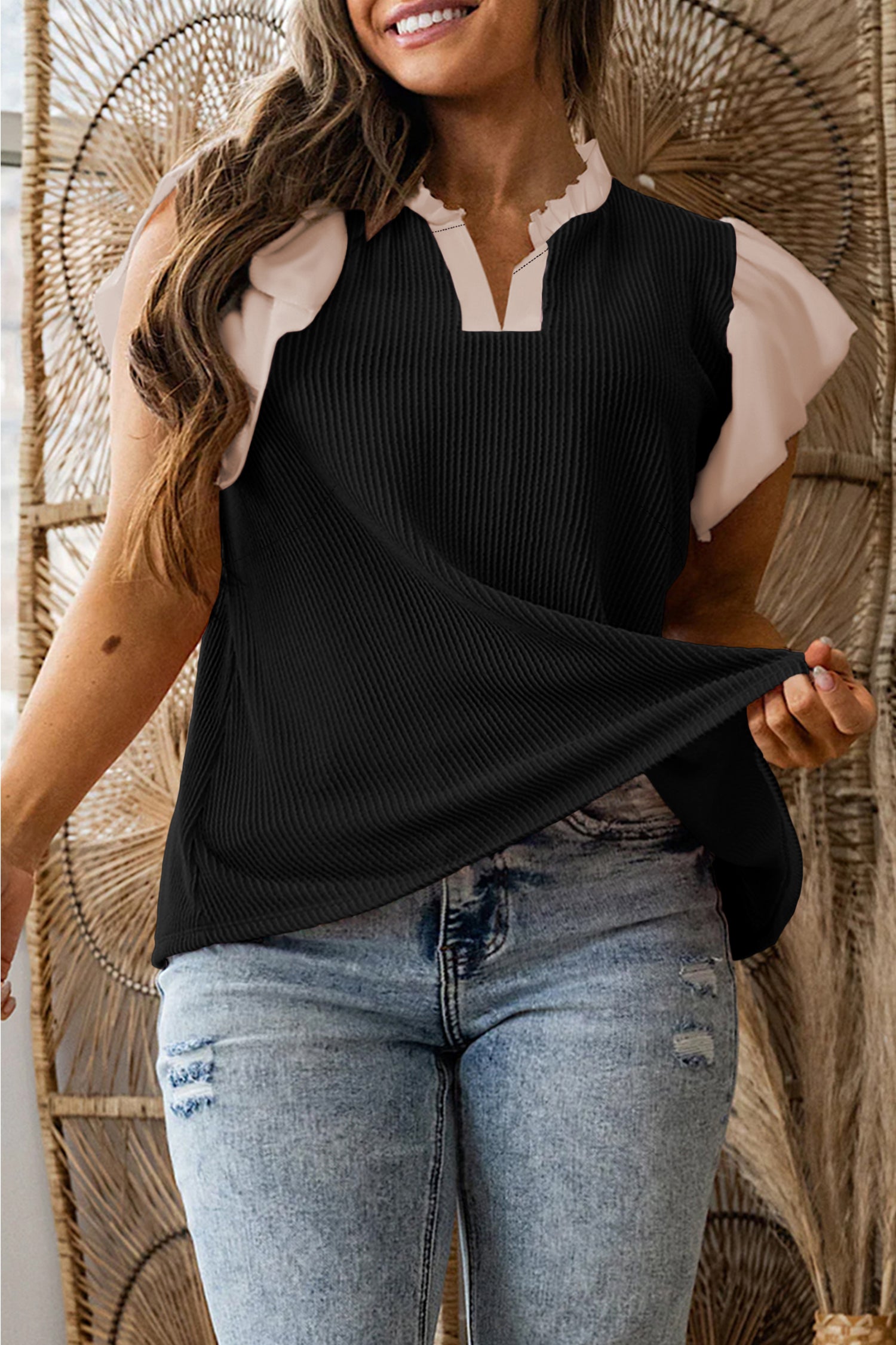 Plus Size Contrast Frilled Neckline Ruffled Short Sleeve Ribbed Textured Blouse