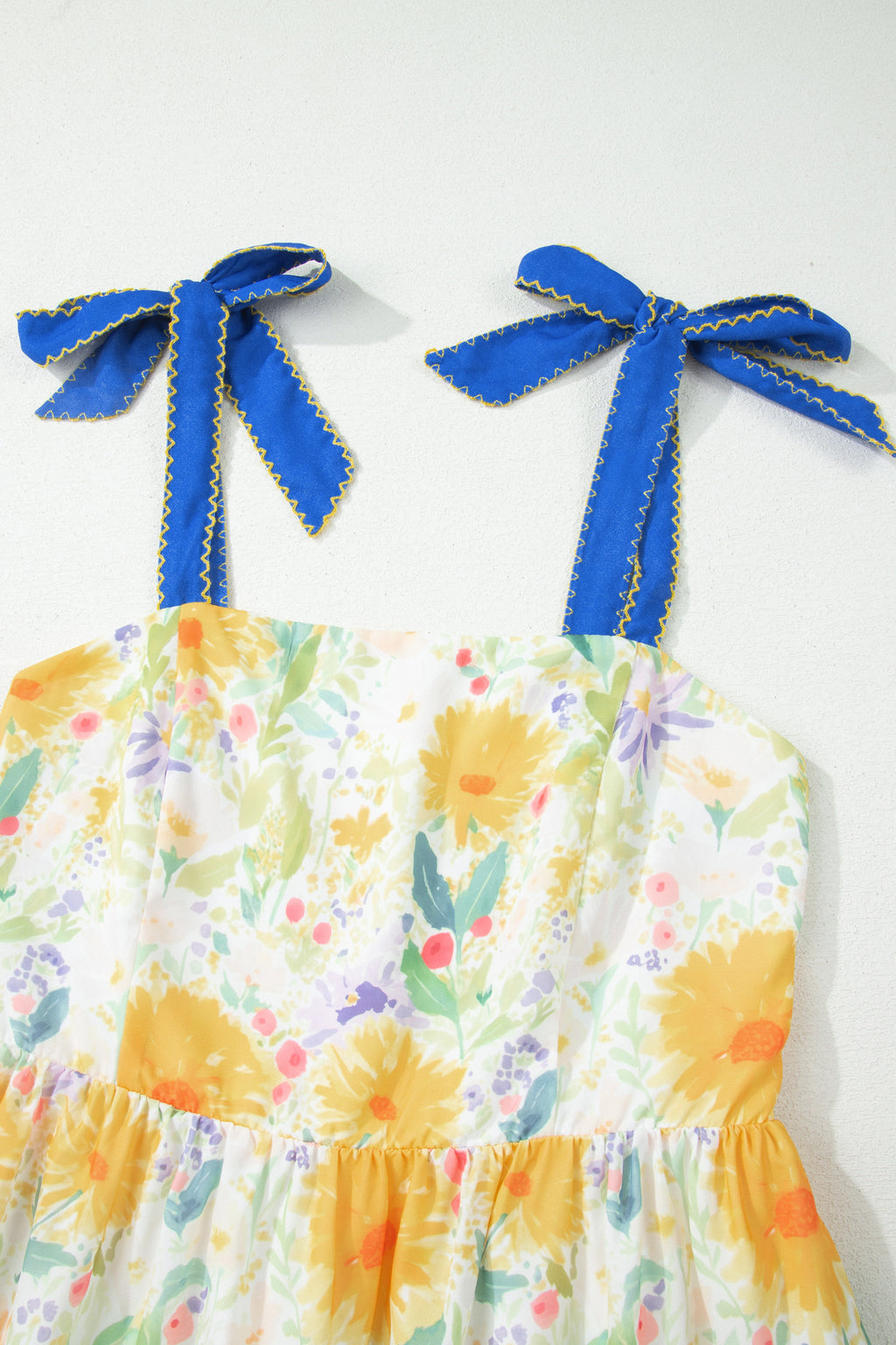 Floral Print Contrast Stitched Knot Denim Straps High Waist Dress
