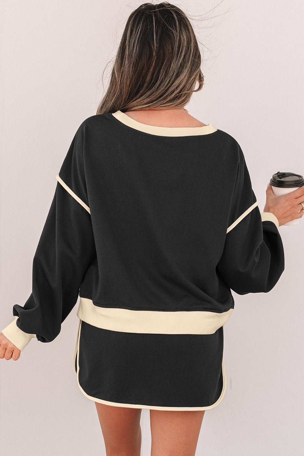 Color Contrast Loose Pullover and Lace-up Waist Skort Set