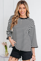Striped Print Drop Shoulder Lace Trim Bracelet Sleeve Loose Top