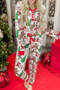 Christmas Pattern Button V Neck Pullover Drawstring Pants 2pcs Lounge Set