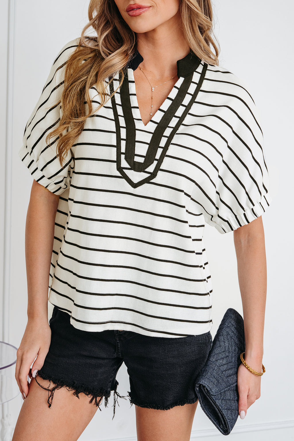 Stripe Stand Collar V Neck Elastic Cuffs Half Sleeve Dolman Top