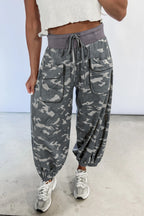 Khaki Drawstring Contrast Waistband Camouflage Cargo Barrel Pants