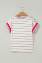 Khaki Stripe Color Block Trim Round Neck Short Sleeve Top