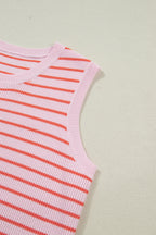Pink Stripe Textured Knit Sleeveless Casual Sweater Top