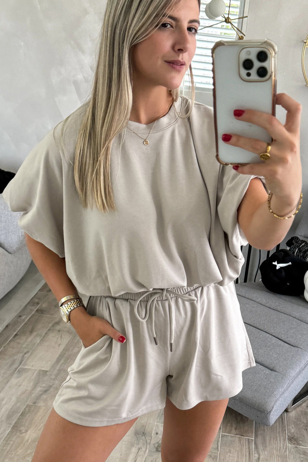 Solid Colour Puffy Loose Top Drawstring Shorts 2pcs Outfit