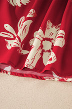 Red Contrast Tied Neck Shirred Puff Sleeve Flower Blouse