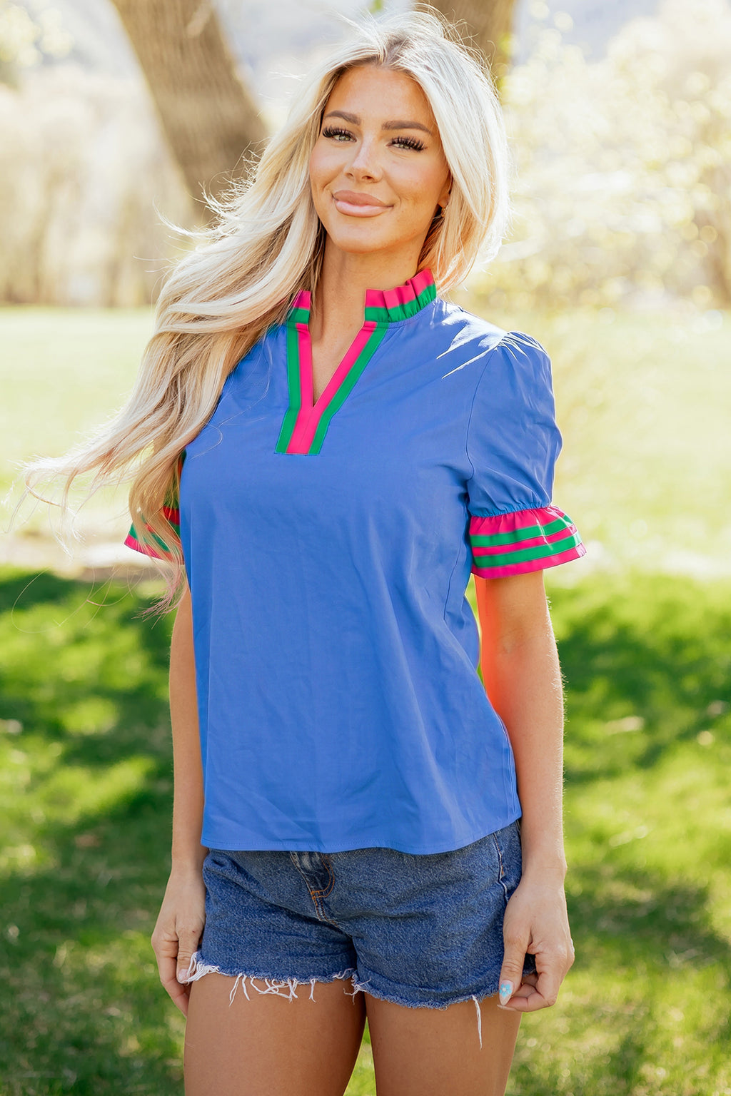 Striped Frilled Collar Ruffled Short Sleeve Blouse