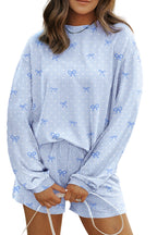 Sky Blue Valentines Bow Print Twisted Rib Loose Long Sleeve Top 2pcs Short Set