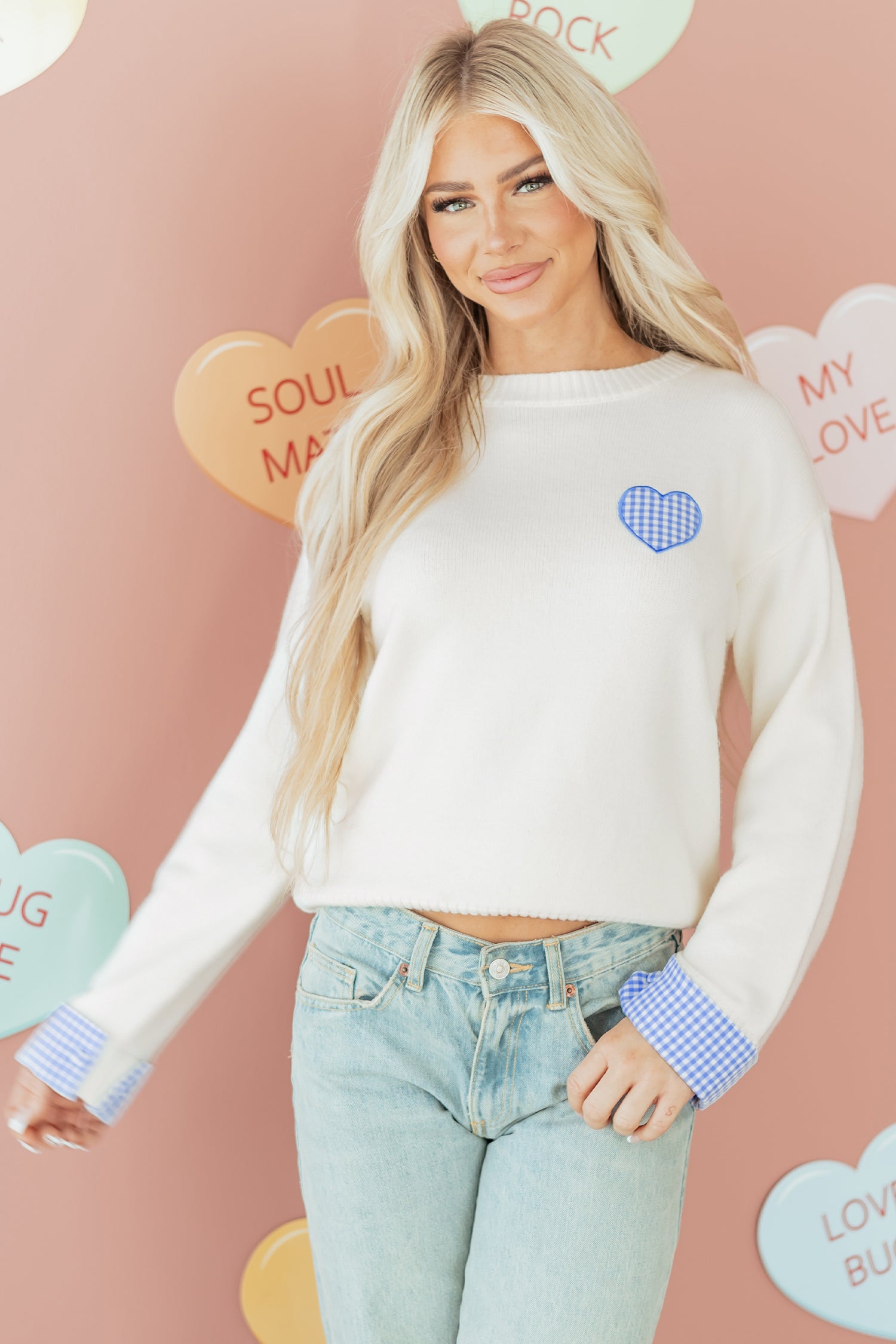 Plaid Heart Embroidered Cuffed Drop Shoulder Crew Neck Sweater
