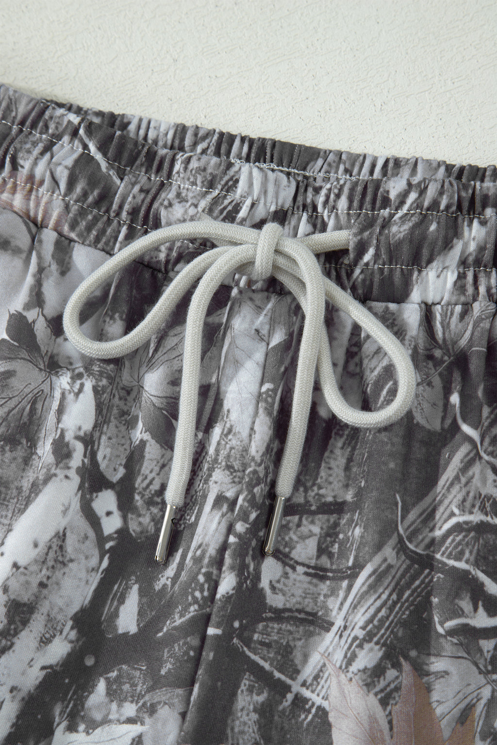 Grey Abstract Maple Leaf Printed Tie Elastic Waist Shorts