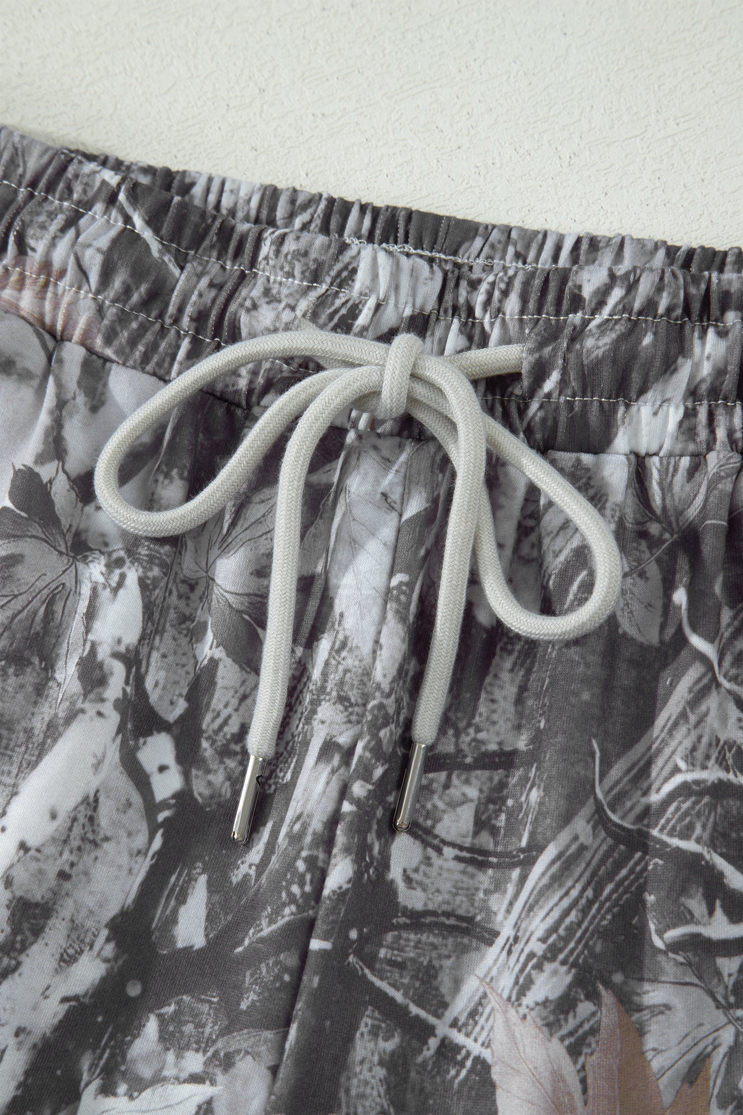 Grey Abstract Maple Leaf Printed Tie Elastic Waist Shorts