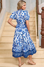 Floral Puff Short Sleeve V Neck High Waist Maxi Dress
