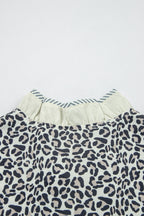 Black Plus Leopard Print Striped Color Block Trim Frilled V Neck Short Sleeve Blouse