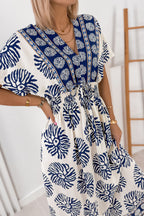 Blue Boho Floral Print Contrast Patchwork V Neck Dolman Maxi Dress