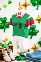 Bright Green Shiny Lucky Striped Flutter Sleeve Round Neck Sweater