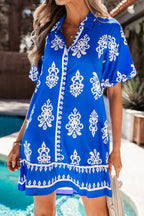 Blue Ethnic Geometric Print Collared Button Front Short Puff Sleeve Mini Dress