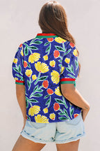 Blue Wild Floral Printed Contrast Striped Patchwork V Neck Short Sleeve Blouse