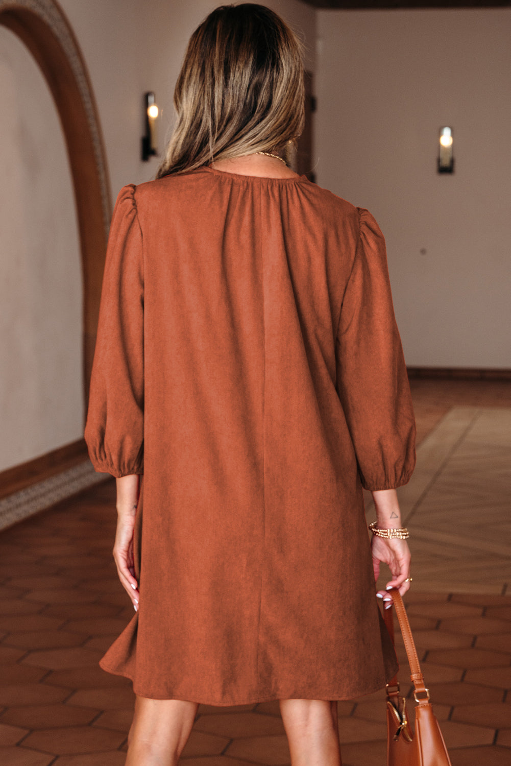 Bracelet Sleeve Split Neck Scallop Detail Pleated Corduroy Mini Dress