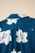 Blue Floral Print Shirt Collar V Neck 3/4 Sleeve Shift Midi Dress