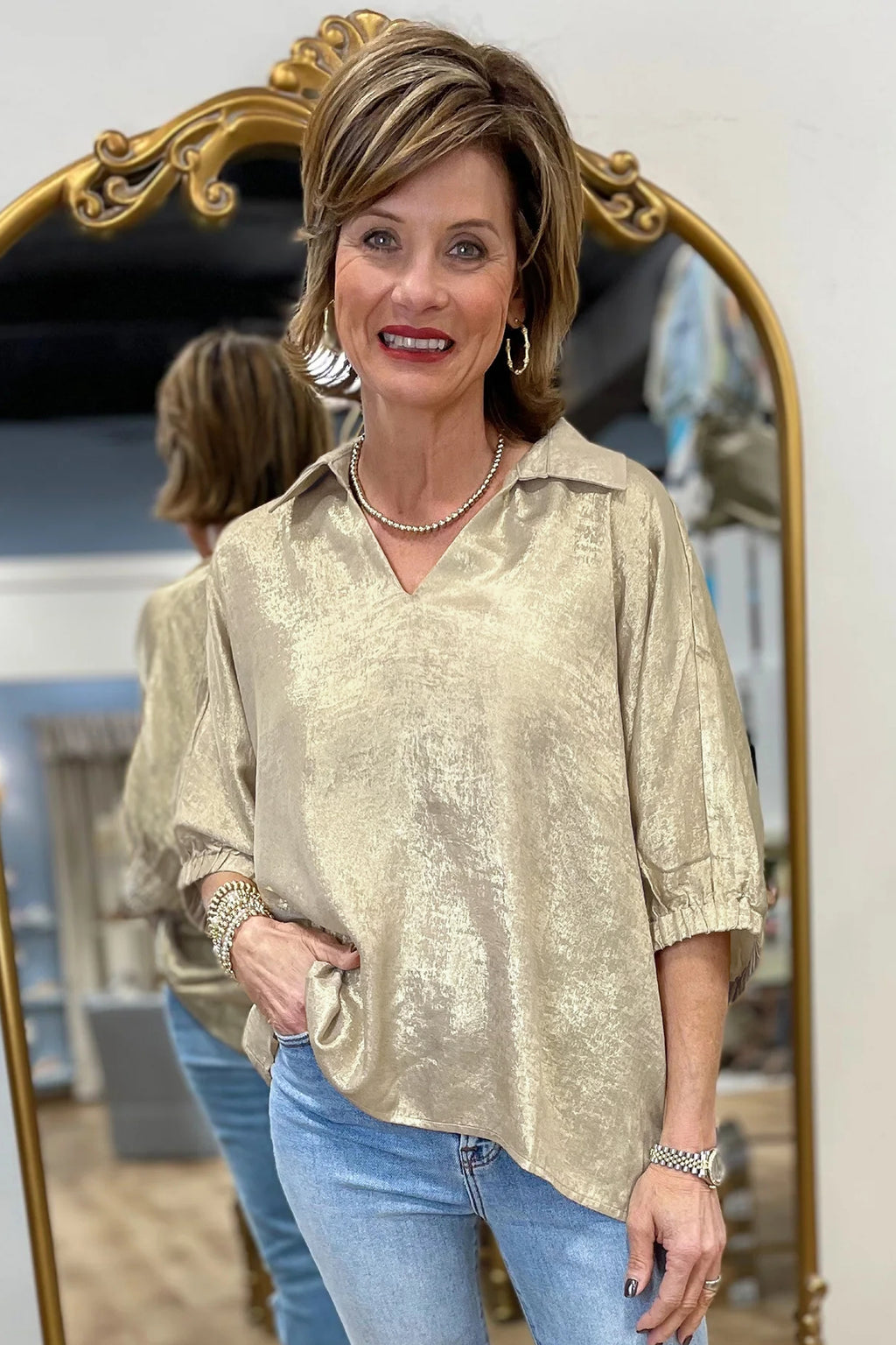 Collared V Neck Half Sleeve Metallic Top