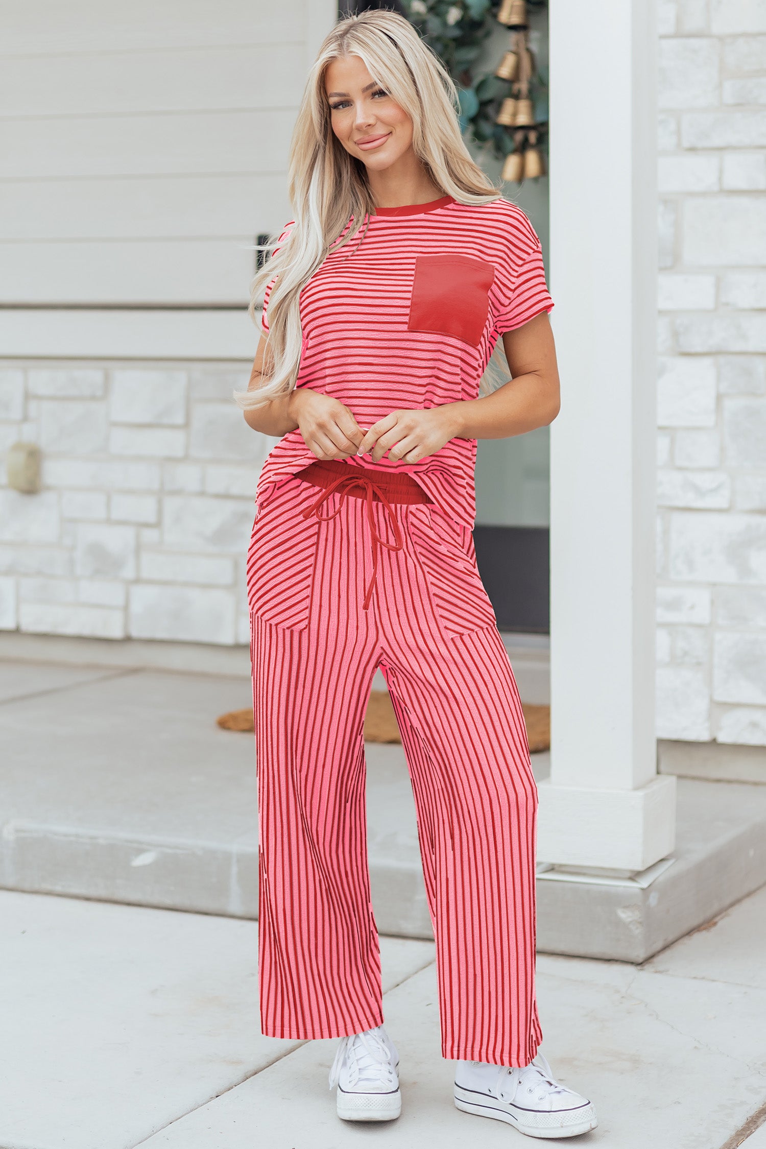 Striped Crew Neck Tee Drawstring Waist Cropped Pants Set