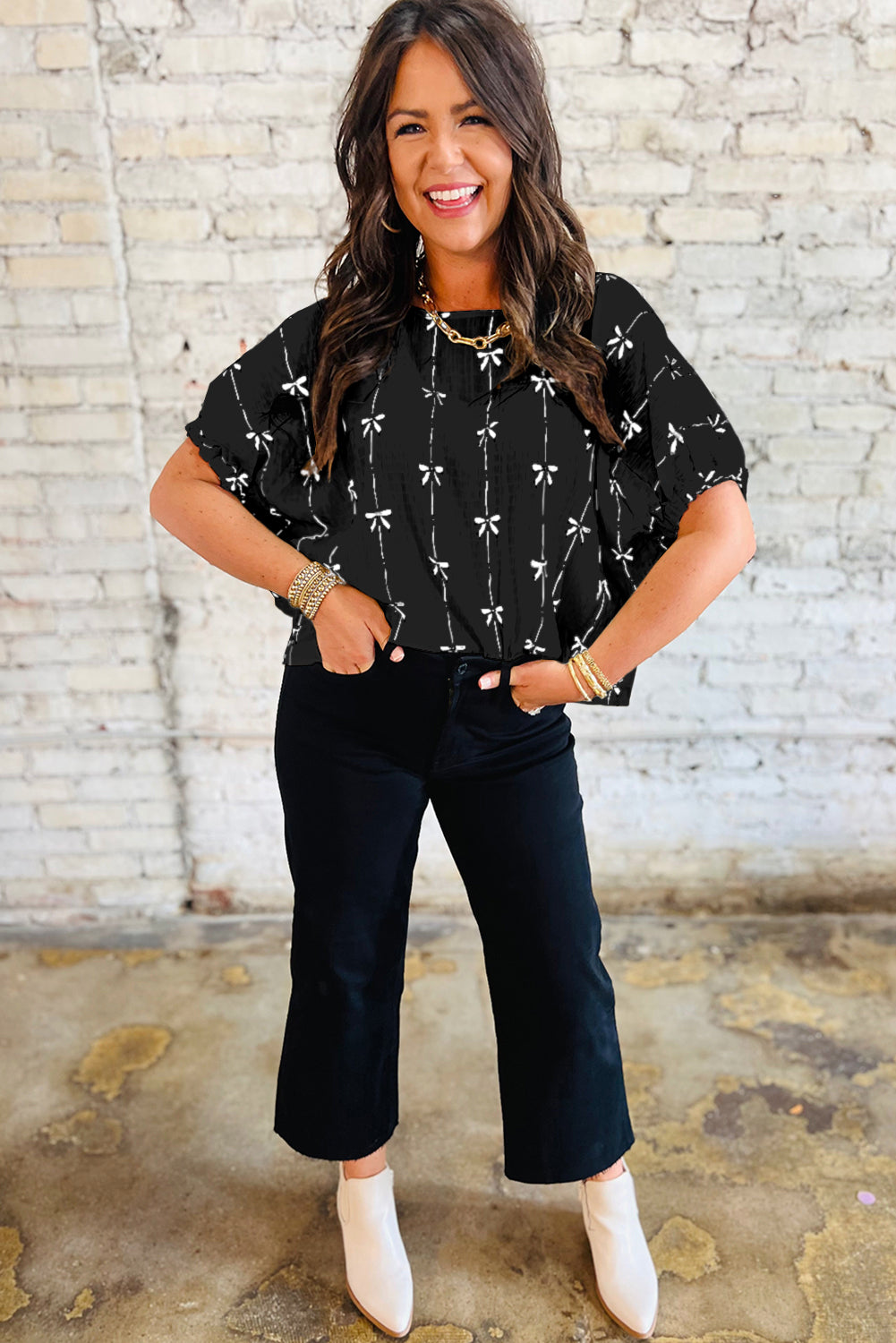 Bow Print Puff Short Sleeve Top