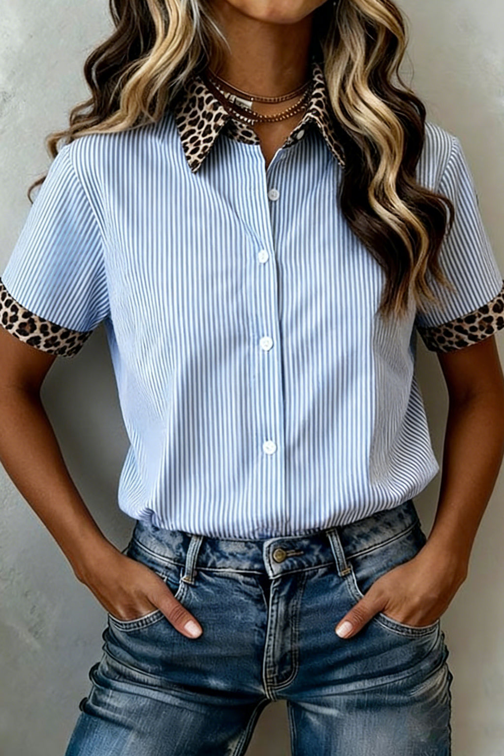 Striped Leopard Contrast Collar Short Sleeve Shirt