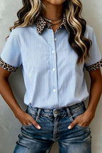 Striped Leopard Contrast Collar Short Sleeve Shirt