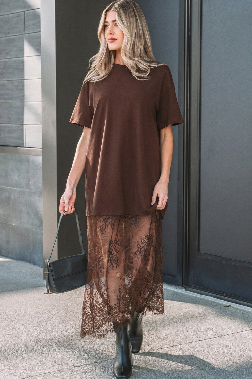 Floral Patchwork Short Sleeve T Shirt Loose Maxi Dress