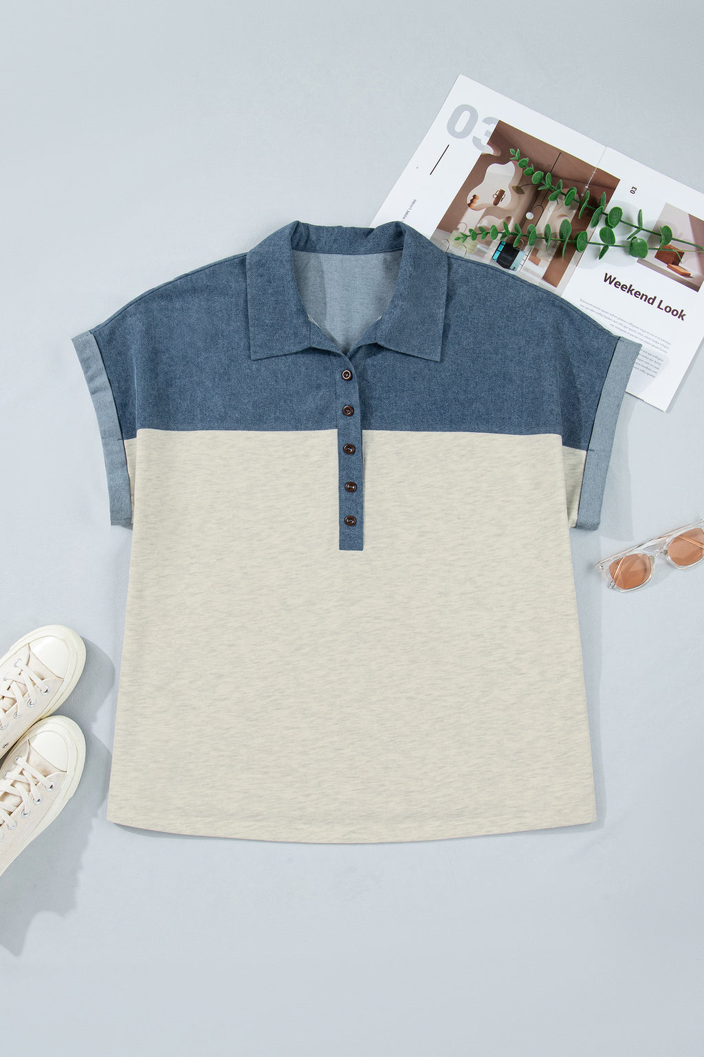 Light Grey Half Buttons Collared Denim Patchwork Plus Size Short Sleeve Top