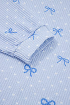 Sky Blue Valentines Bow Print Twisted Rib Loose Long Sleeve Top 2pcs Short Set
