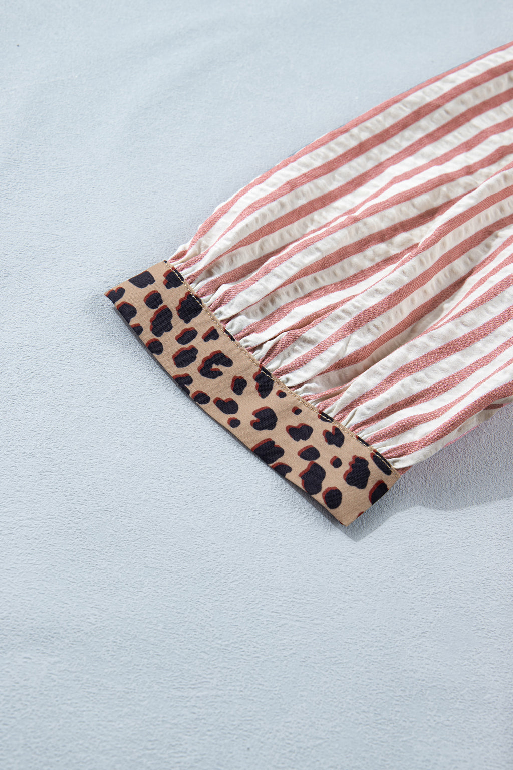 Leopard Trim V Neck Button Down Half Sleeve Shirt