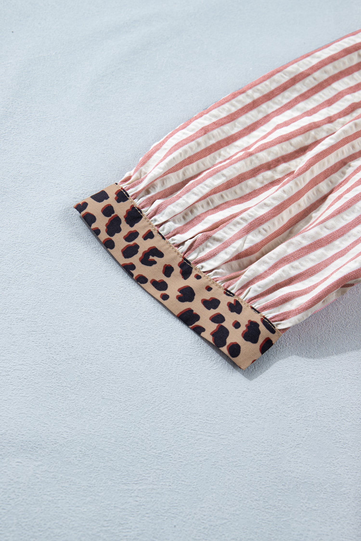 Leopard Trim V Neck Button Down Half Sleeve Shirt