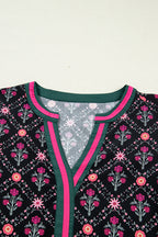 Black Contrast V Neckline Bracelet Sleeve Vintage Floral Blouse